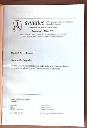 Immagine del venditore per Wende-Bibliografie: Literatur und Nachschlagewerke zu Sprache und Kommunikation im geteilten und vereinigten Deutschland ab Januar 1990; amades Nr. 1; venduto da books4less (Versandantiquariat Petra Gros GmbH & Co. KG)