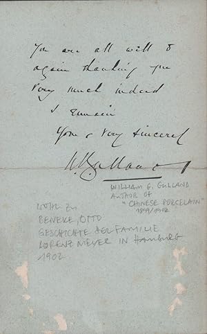 Eigenhändige Briefkarte mit Unterschrift "W. Gulland". Brighton, 9. Feb. 1903.