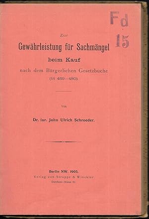 Seller image for Zur Gewhrleistung fr Sachmngel beim Kauf nach dem Brgerlichen Gesetzbuche ( 459-480). for sale by Antiquariat Bibliomania