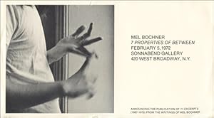 Bild des Verkufers fr Mel Bochner : 7 Properties of Between / Announcing the Publication of 11 Excerpts (1967) from the Writings of Mel Bochner zum Verkauf von Specific Object / David Platzker