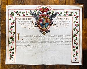 Handschriftliche Urkunde auf Pergament in italienischer Sprache, mit Blumenbordüre und grossem Wa...