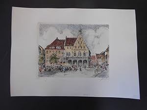 Rathaus. Amberg in der Oberpfalz. Original- Farb- Radierung, Quer- Format, auf chamois- farbigem ...