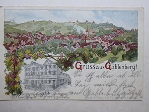 Gruss aus Gablenberg ! Postkarte. Farbige Lithographie mit Gasthaus zum Hirsch im Vordergrund.