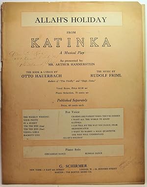 Bild des Verkufers fr ALLAH'S HOLIDAY FROM KATINKA A Musical Play As presented by MR. ARTHUR HAMMERSTEIN zum Verkauf von Rose City Books