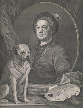 Seller image for Gulielmus Hogarth. (Half-length self-portrait as mirror image over ? outside of the oval ? folios with his dog Trump and palette, enclosed by drapery as a symbol of the mysterious reflecting upon the mirror.) for sale by Wittenborn Art Books