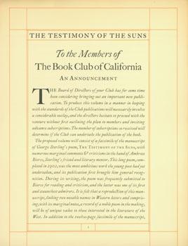 Bild des Verkufers fr The Testimony of the Suns. To the members of The Book Club of California. Facsimile manuscript page of poem with marginal notes of the author, George Sterling and Ambrose Bierce. (This is the prospectus for a book, not the book itself). zum Verkauf von Wittenborn Art Books