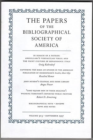 Seller image for The Papers of the Bibliographical Society of America (Vol 91:2, June 1997) for sale by Heartwood Books and Art