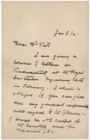 Autograph letter signed 'E Rutherford' to Charles Herman Viol, 8 January 1921. Three pages on two...