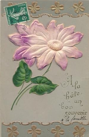 Relief Stoff Ansichtskarte / Postkarte A la hate un bon souvenir, Blume, lila Blüte, Blätter