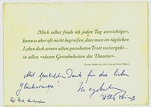 Bild des Verkufers fr Gedr. Briefkarte mit 3 eigenh. Zeilen und U. zum Verkauf von Antiquariat INLIBRIS Gilhofer Nfg. GmbH