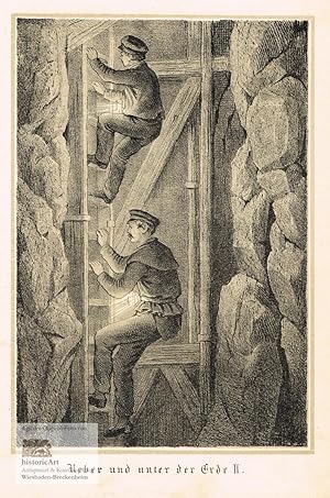 Über und unter der Erde. Bergleute beim Abstieg in einen Schacht über eine Leiter. Lithographie u...