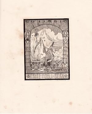 O-Radierung Ex libris "Fritz Hügl Bern", ca. 15,5 x 12 auf 26,5 x 21,8 cm Büttenkarton (Großforma...
