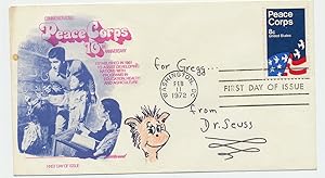 Bild des Verkufers fr SEUSS, DR. [THEODOR GEISEL] Uncommon Sketch Signed. of Sam as in "Sam, I am" , from Seuss' "Green Eggs and Ham" drawn on First Day Cover honoring the Peace Corps. Inscribed and and signed, "from Dr. Seuss." zum Verkauf von Schulson Autographs, Ltd.