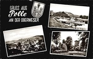Imagen del vendedor de Ansichtskarte / Postkarte Polle an der Weser Niedersachsen, Wappen, Dampfer mit Burg, Blick von der Ruine, Freilichtbhne a la venta por akpool GmbH