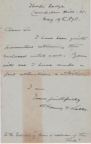 Autograph letter signed, 1-page 8vo with conjugate blank, to the Editor of "Men & Women of the Ti...