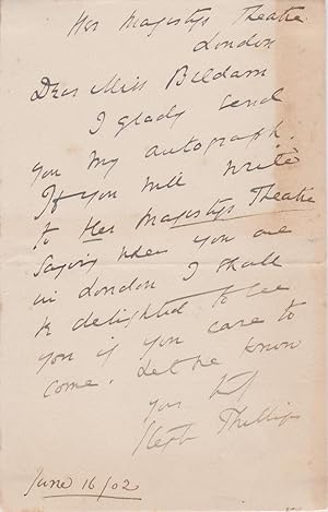 Autograph letter signed to a Miss Beldham: