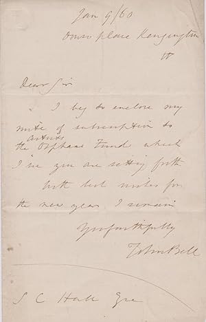 Autograph note signed to Samuel Carter Hall, sending his subscription to the Artist's Orphans Fund.