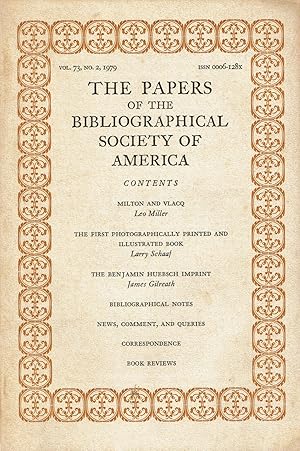 Seller image for THE PAPERS OF THE BIBLIOGRAPHICAL SOCIETY OF AMERICA. Volume 73, No. 2, April-June, 1979. for sale by Blue Mountain Books & Manuscripts, Ltd.