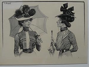 Zwei behütete und beschirmte Damen. Tuschezeichnung, laviert. Um 1890.