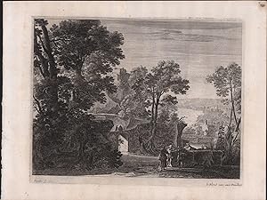 Seller image for Landschaft mit kleiner Brücke und Händlern , Radierung nach ? Auf Bütten, ca 29,5 x 38,5 cm. Wz. Wappen u. a. for sale by ANTIQUARIAT Franke BRUDDENBOOKS