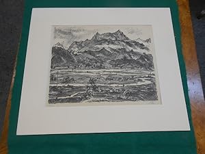 Zugspitz- Massiv und Eibsee. Original- Lithographie, links unten handschriftlich nummeriert 10/15...