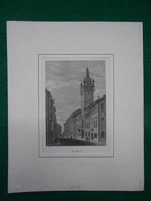 Brünn, (Brno) Mähren: Rathaus und Rathausgasse. Original- Stahlstich, datiert 1844, siehe Bratman...