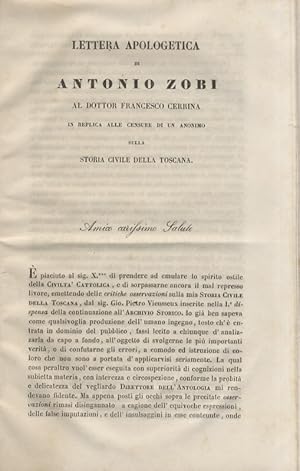 Bild des Verkufers fr Lettera apologetica (.) al dottor Francesco Cerrina in replica alle censure di un anonimo sulla storia civile della Toscana. zum Verkauf von Libreria Oreste Gozzini snc