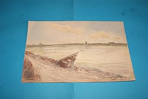 Au Bord de la Loire (Loire Inférieure). Aquarelle originale signée d'Adolphe Messager, Artiste-Pe...