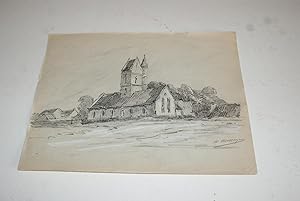 Église Saint-Jean-Baptiste à Olendon, environs de Falaise (Calvados). Dessin original signé d'Ado...
