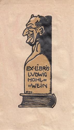 Ex-Libris für Ludwig Hohlwein. Männlicher Kopf mit Teufelshörnchen über Buch. Orig. Lithografie, ...