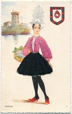 Stoff Ansichtskarte / Postkarte Sables d'Olonne Vendée, Sablaise, Frau in Tracht
