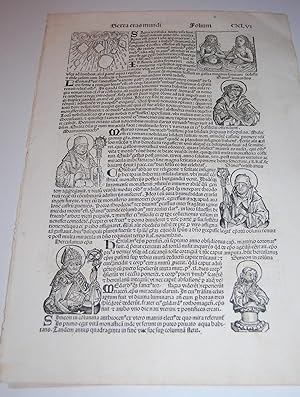 Seller image for Liber Chronicarum. Nuremberg Chronicle. Single Leaf. Folio CXLVI. [Recto: Rain of Blood and Rocks From Sky in Italy 570, Animals in Human Form as Man & Woman, Leonard of Gaul, Columbanus, Simeon Stylites, et al - Verso: Pelagius, Johannes, Benedictus & Pelagius the Second]. for sale by Dark Parks Books & Collectibles