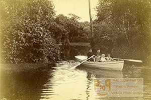 Family group in boat on river Children old Photo 1880