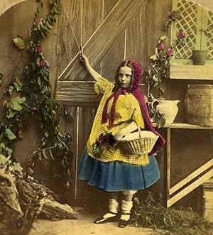 Seller image for British Scene de Genre Little Red Riding Hood Stereo Photo hand colored 1865 for sale by Bits of Our Past Ltd