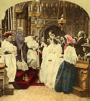 United Kingdom Scene de Genre Communion? Old Stereo Photo hand colored 1865