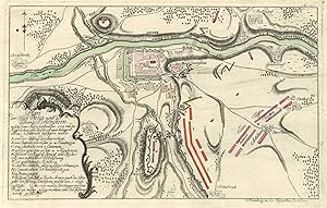 Stadtplan mit Karte der Umgebung und Einzeichnungen von Truppenstellungen im Jahre 1758 ('Plan de...