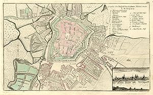 Stadtplan mit Erklärungen; unten rechts Gesamtansicht von Leipzig ('Grundriss der Chursaechsische...