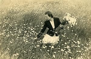 North of France Lady picking Daisy in Field Bouquet old Geesen Photo 1930's
