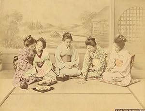 Japan Girls Playing Cards Tea Cups Old Photo 1880