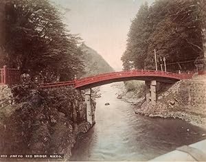 Japan Nikko Jinkyo Red Bridge & Waterfall River 2 Old albumen Photos 1890