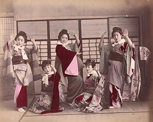Japan Dancers Actresses? Japanese Ladies Housekeeping 2 Old albumen Photos 1890