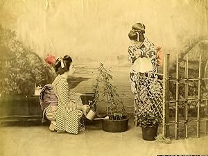 Japan Scene de Genre Girls playing in Garden Old Hand Colored Albumen Photo 1890