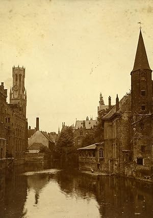 Belgium Bruges Canal & Beffroi Belfry Old Photo 1890