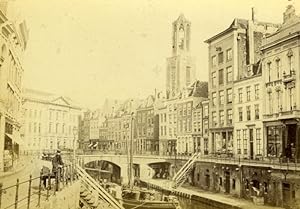 Netherlands Utrecht Oude Gracht Canal Street Scene old Albumen Photo 1890