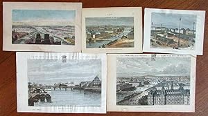Paris France c.1850-1875 birds-eye views old prints lot x 5 hand colored panoram