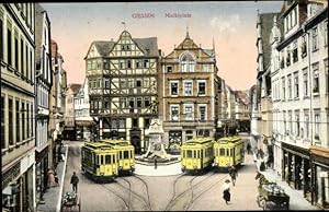 Ansichtskarte / Postkarte Gießen an der Lahn Hessen, Marktplatz, Straßenbahnen, Denkmal