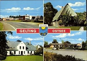 Bild des Verkufers fr Ansichtskarte / Postkarte Gelting in Schleswig Holstein, Straenpartie, Reetdachhaus, Wappen der Stadt, BMW E21 zum Verkauf von akpool GmbH