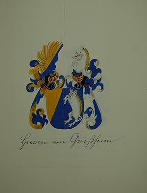 Handgemaltes Wappen des Familiengeschlechts der Herren von Grießheim. Zeichnung und Aquarell. Dar...