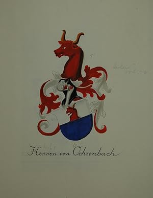 Handgemaltes Wappen des Familiengeschlechts der Herren von Ochsenbach. Zeichnung und Aquarell. Da...