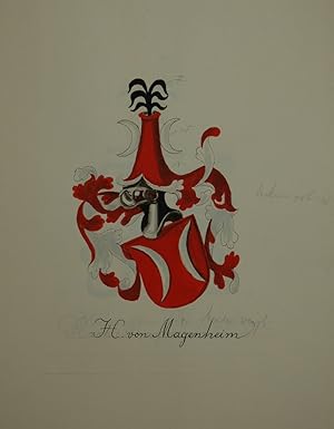 Handgemaltes Wappen des Familiengeschlechts der Herren von Magenheim. Zeichnung und Aquarell. Dar...